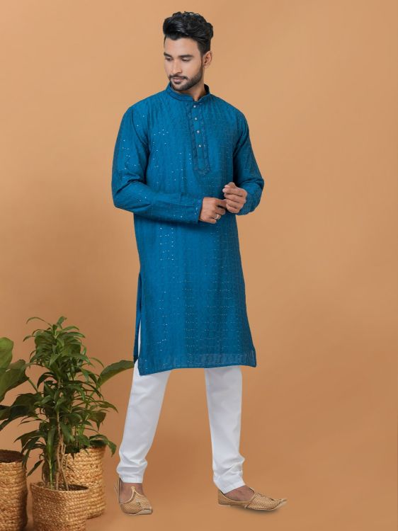 Picture of Superb Viscose Cotton Blue Kurta Pajama