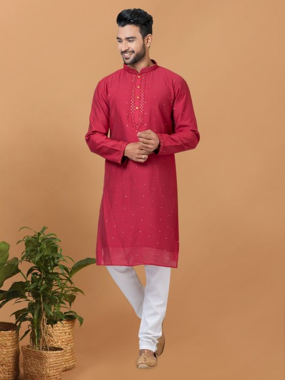 Picture of Delightful Viscose Cotton Red Kurta Pajama