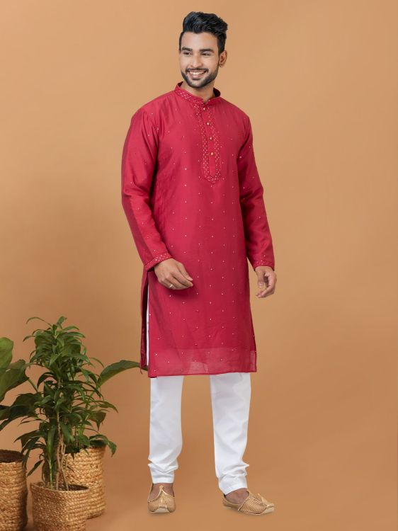 Picture of Delightful Viscose Cotton Red Kurta Pajama