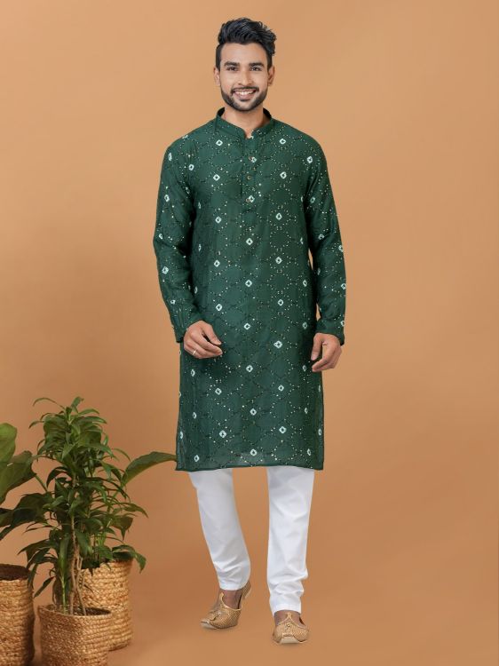Picture of Superb Chanderi Batik Print Green Kurta Pajama