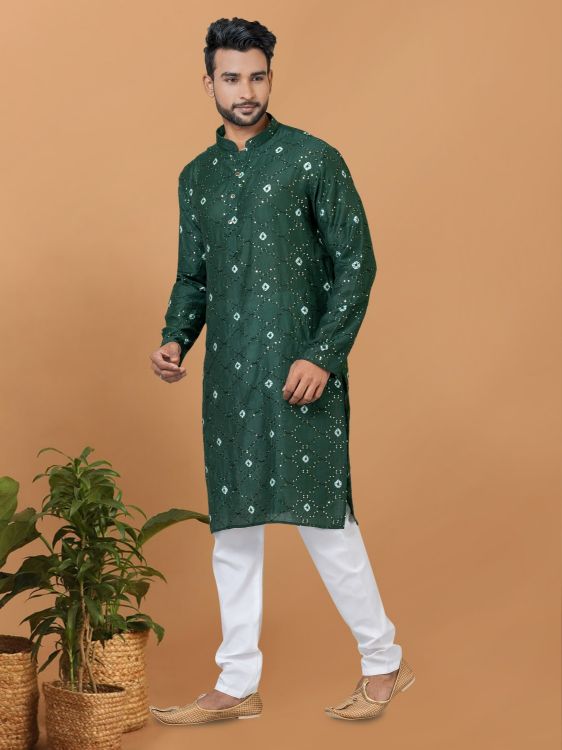 Picture of Superb Chanderi Batik Print Green Kurta Pajama