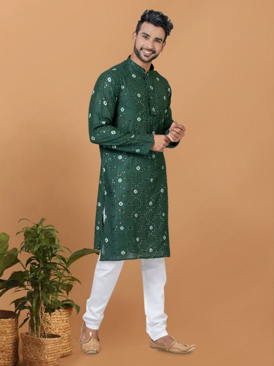 Picture of Superb Chanderi Batik Print Green Kurta Pajama