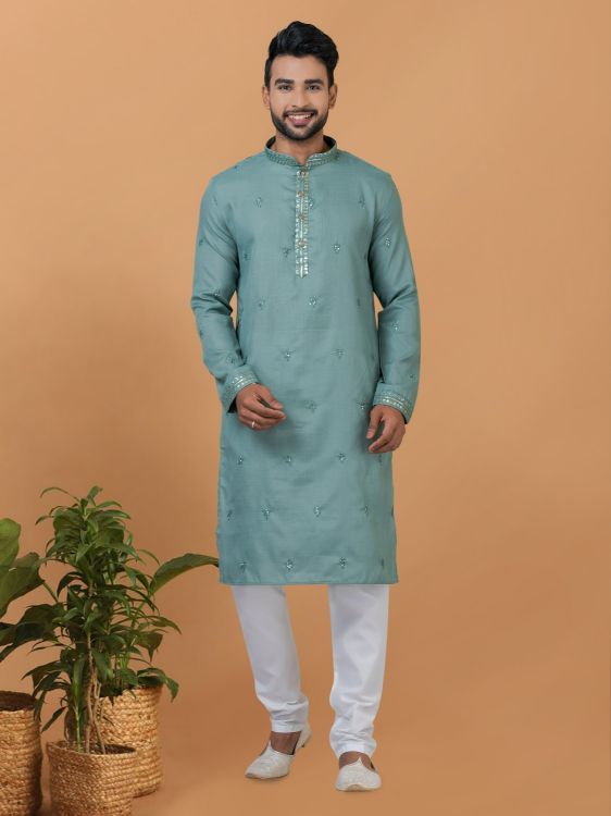 Picture of Enticing Poly Cotton Blue Kurta Pajama