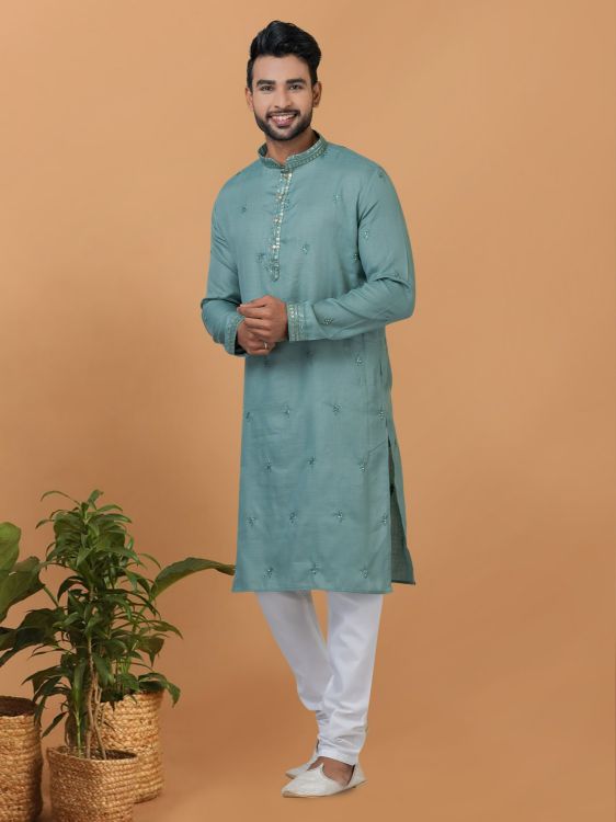 Picture of Enticing Poly Cotton Blue Kurta Pajama