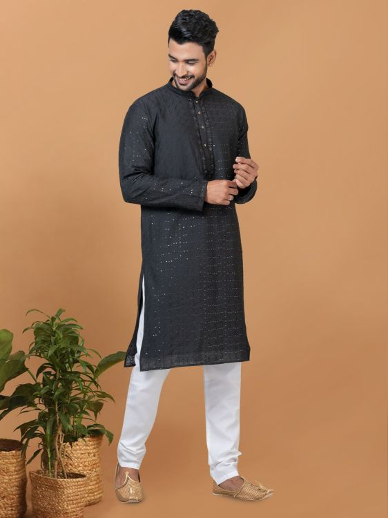 Picture of Exquisite Viscose Cotton Black Kurta Pajama
