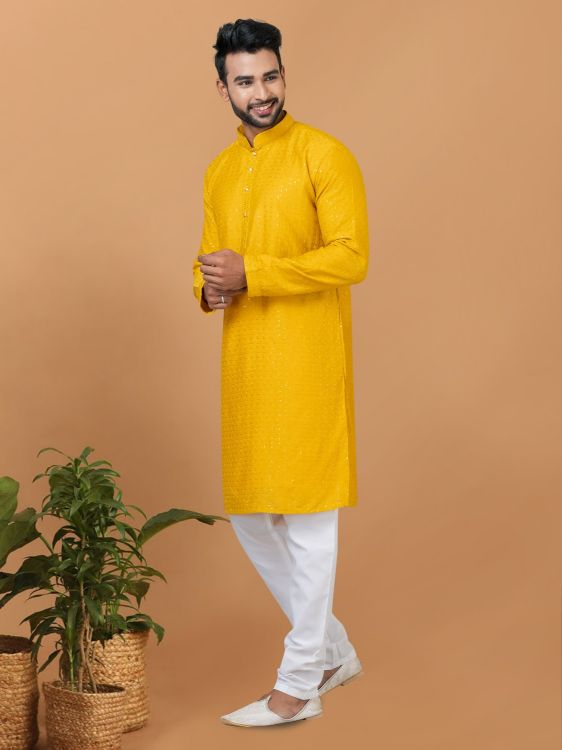Picture of Amazing Viscose Cotton Yellow Kurta Pajama