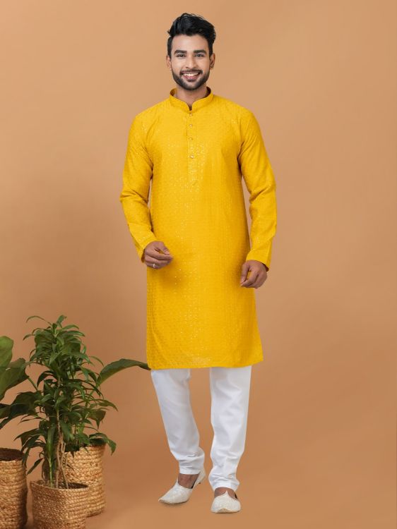 Picture of Amazing Viscose Cotton Yellow Kurta Pajama