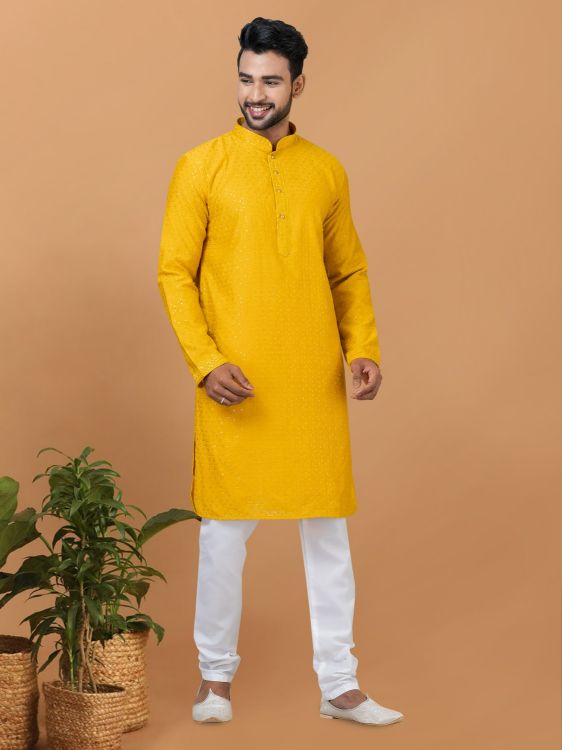 Picture of Amazing Viscose Cotton Yellow Kurta Pajama