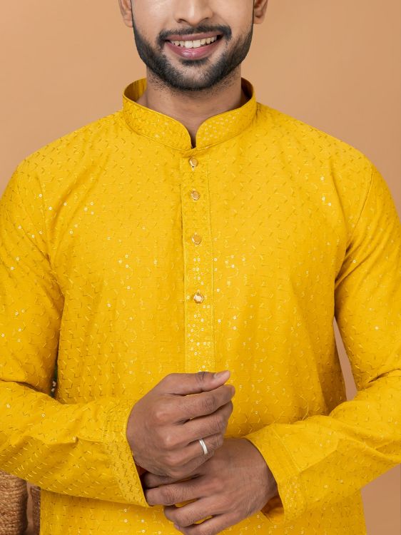 Picture of Amazing Viscose Cotton Yellow Kurta Pajama