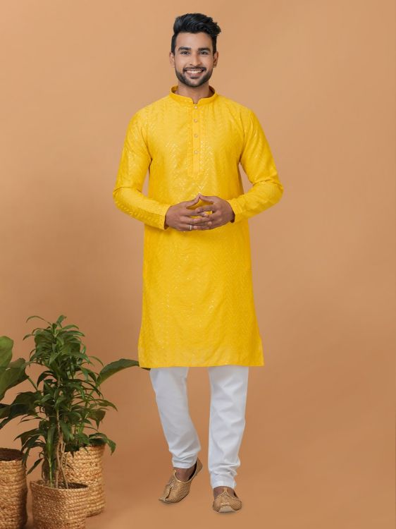 Picture of Ideal Viscose Cotton Yellow Kurta Pajama