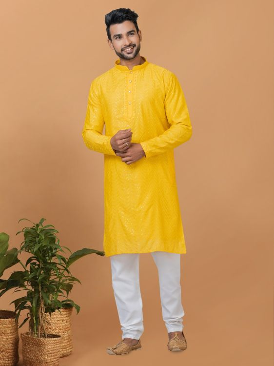 Picture of Ideal Viscose Cotton Yellow Kurta Pajama