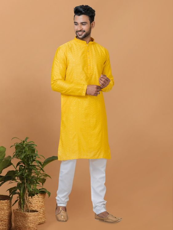 Picture of Ideal Viscose Cotton Yellow Kurta Pajama