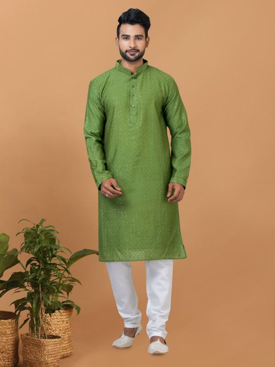 Picture of Classy Viscose Cotton Green Kurta Pajama