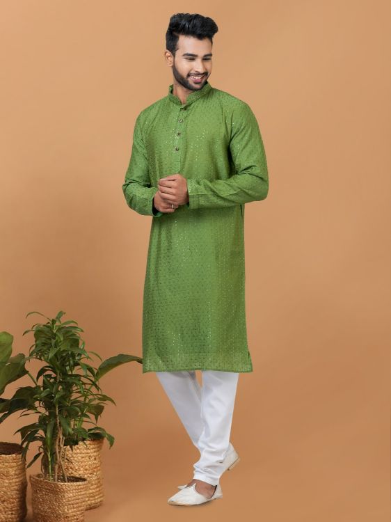 Picture of Classy Viscose Cotton Green Kurta Pajama