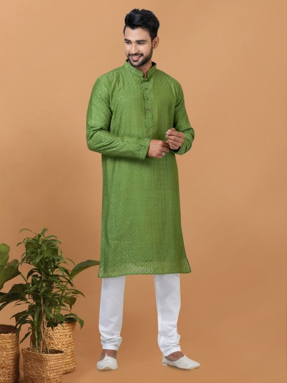 Picture of Classy Viscose Cotton Green Kurta Pajama
