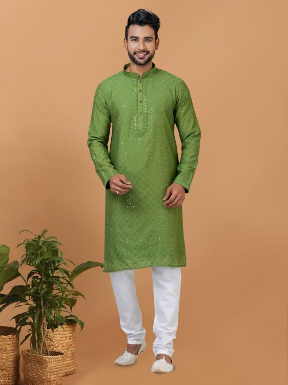 Picture of Statuesque Viscose Cotton Olive Kurta Pajama