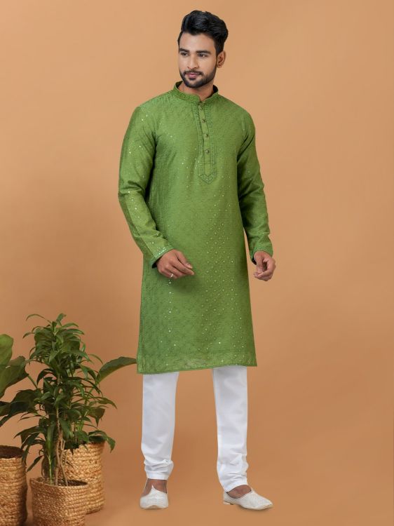 Picture of Statuesque Viscose Cotton Olive Kurta Pajama