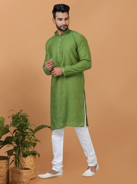 Picture of Statuesque Viscose Cotton Olive Kurta Pajama