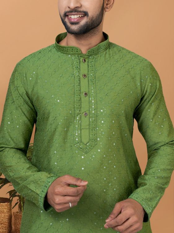 Picture of Statuesque Viscose Cotton Olive Kurta Pajama