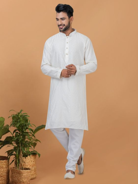 Picture of Fine Viscose Cotton White Kurta Pajama