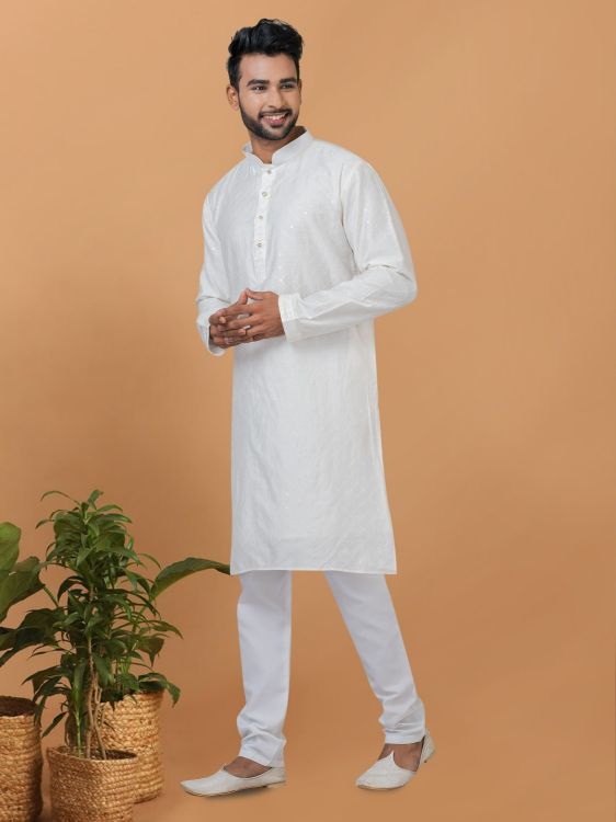 Picture of Fine Viscose Cotton White Kurta Pajama