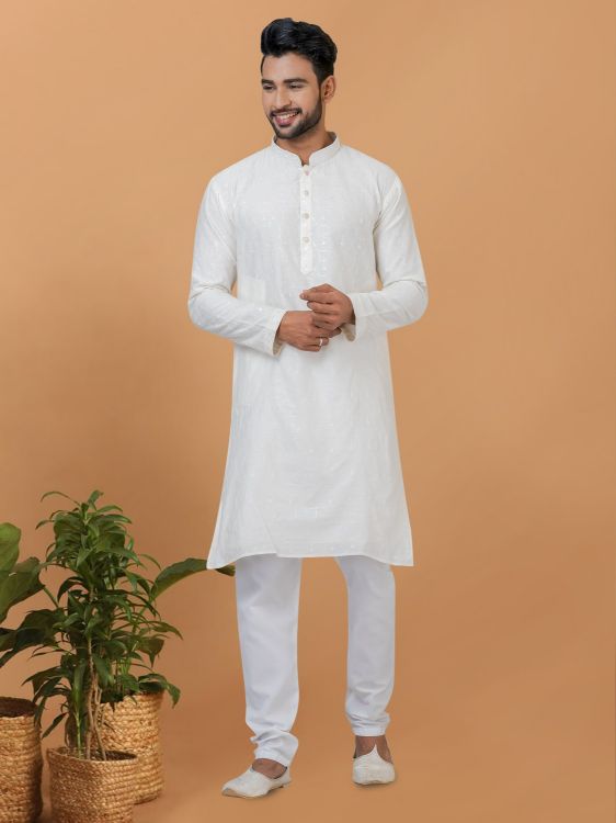 Picture of Excellent Viscose Cotton White Kurta Pajama