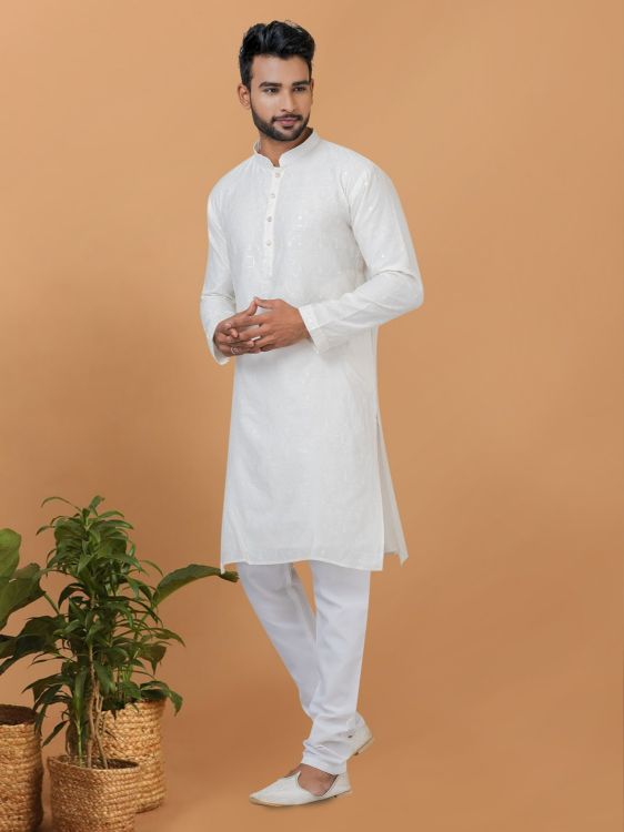 Picture of Excellent Viscose Cotton White Kurta Pajama
