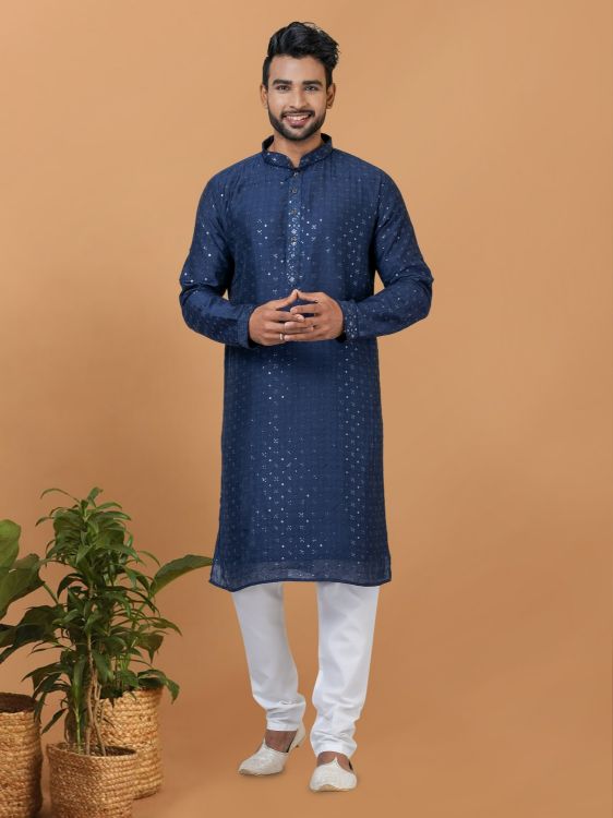Picture of Ravishing Viscose Cotton Navy Blue Kurta Pajama