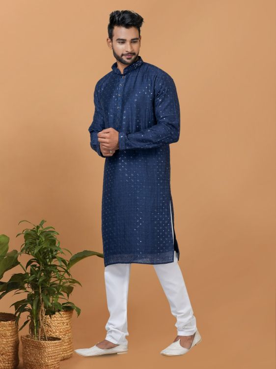 Picture of Ravishing Viscose Cotton Navy Blue Kurta Pajama