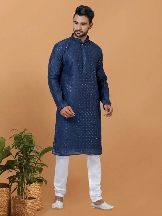 Picture of Ravishing Viscose Cotton Navy Blue Kurta Pajama