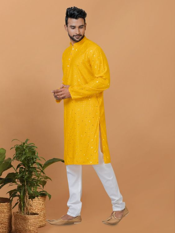 Picture of Fine Viscose Cotton Yellow Kurta Pajama
