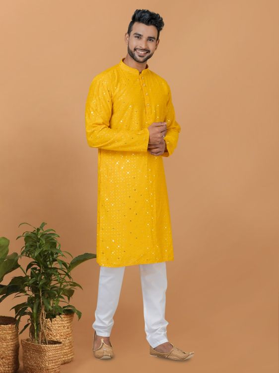 Picture of Fine Viscose Cotton Yellow Kurta Pajama