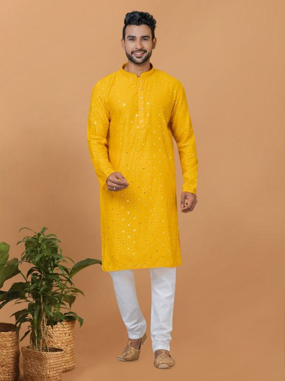 Picture of Fine Viscose Cotton Yellow Kurta Pajama