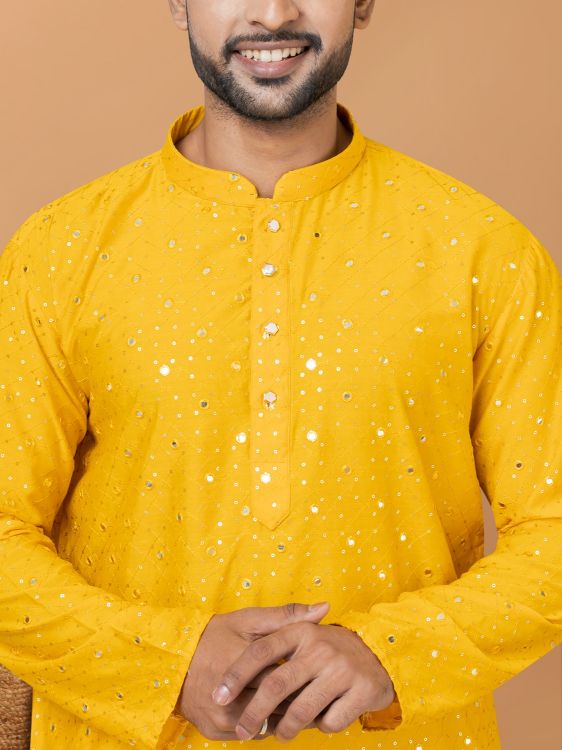 Picture of Fine Viscose Cotton Yellow Kurta Pajama