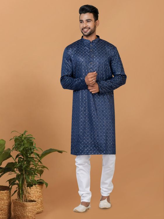 Picture of Shapely Semi Gaji Silk Blue Kurta Pajama