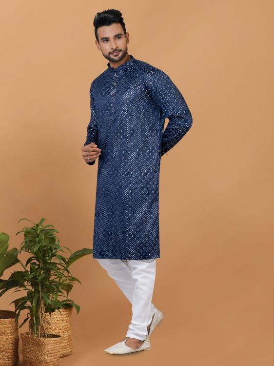 Picture of Shapely Semi Gaji Silk Blue Kurta Pajama