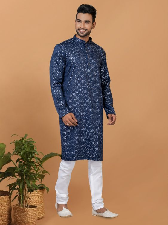 Picture of Shapely Semi Gaji Silk Blue Kurta Pajama