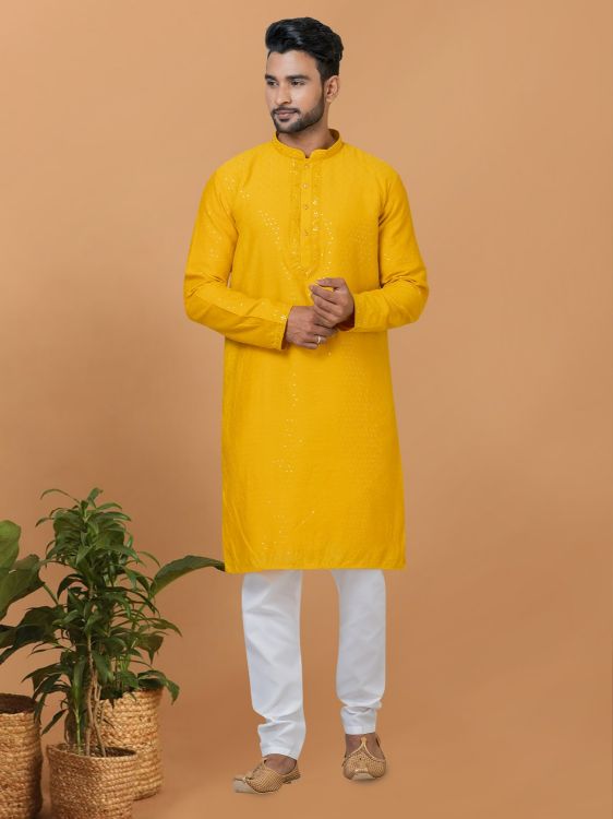 Picture of Fine Viscose Cotton Yellow Kurta Pajama
