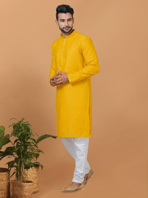 Picture of Fine Viscose Cotton Yellow Kurta Pajama