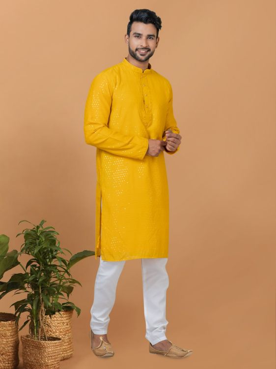 Picture of Fine Viscose Cotton Yellow Kurta Pajama