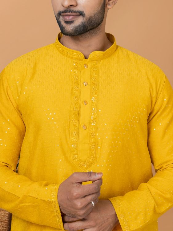 Picture of Fine Viscose Cotton Yellow Kurta Pajama