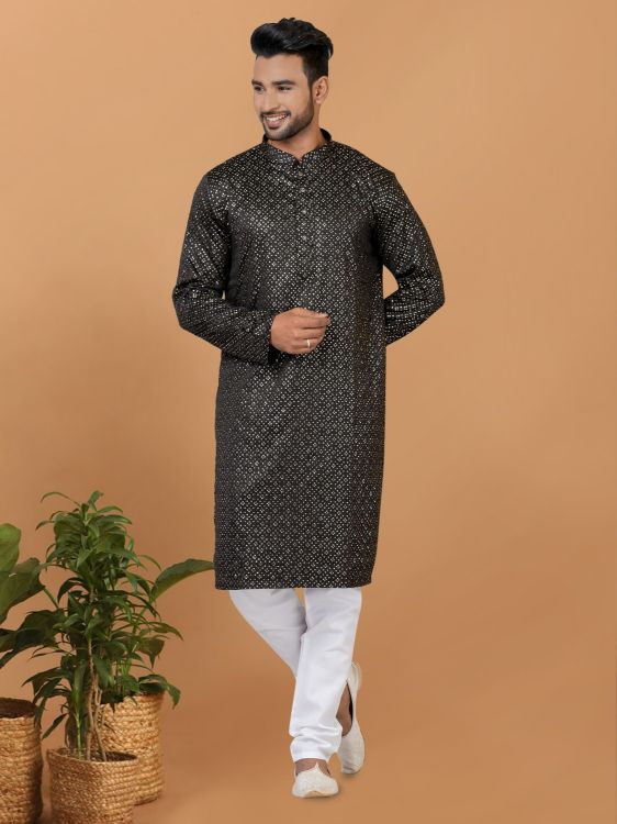 Picture of Excellent Semi Gaji Silk Black Kurta Pajama