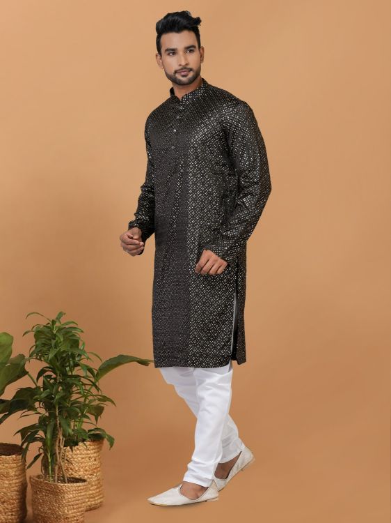 Picture of Excellent Semi Gaji Silk Black Kurta Pajama