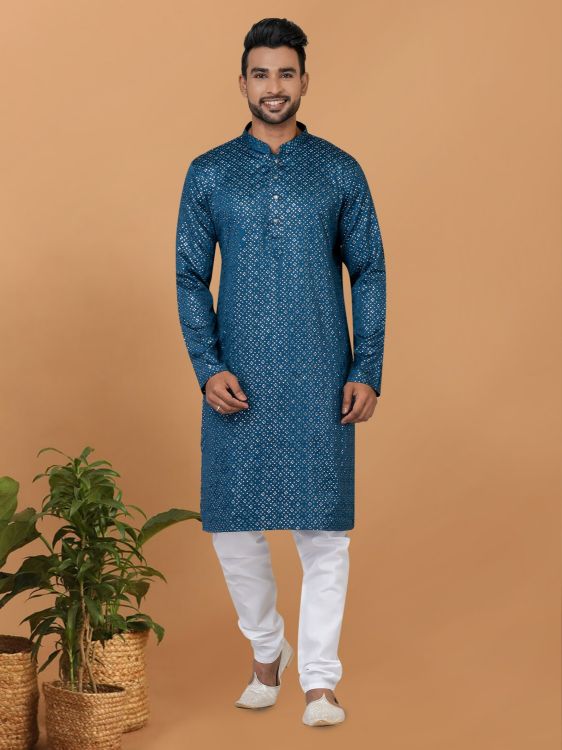 Picture of Fine Semi Gaji Silk Blue Kurta Pajama