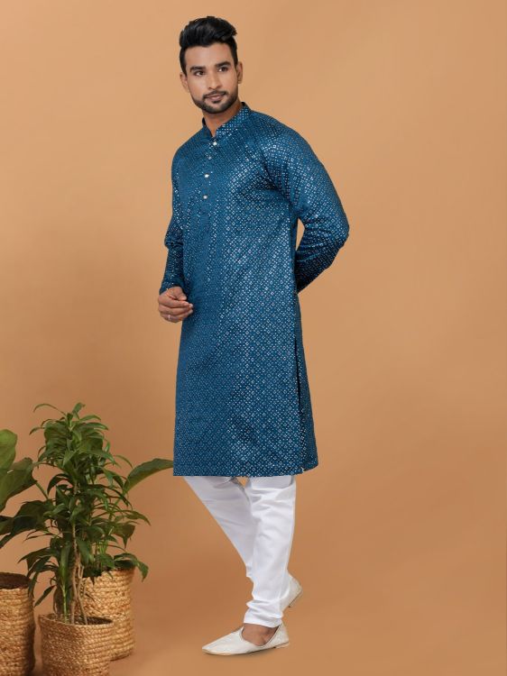 Picture of Fine Semi Gaji Silk Blue Kurta Pajama