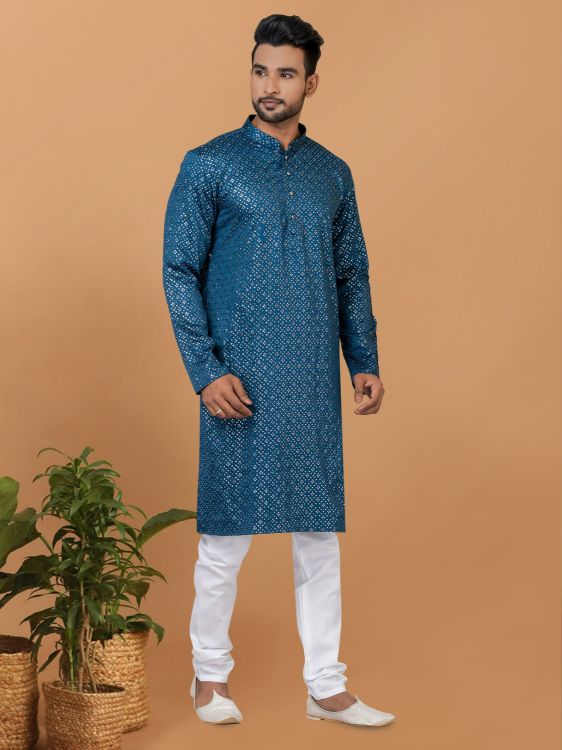 Picture of Fine Semi Gaji Silk Blue Kurta Pajama