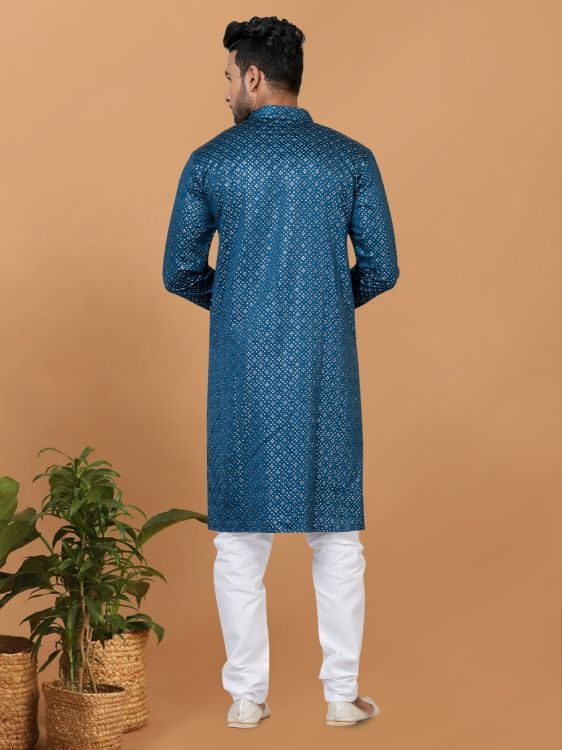 Picture of Fine Semi Gaji Silk Blue Kurta Pajama