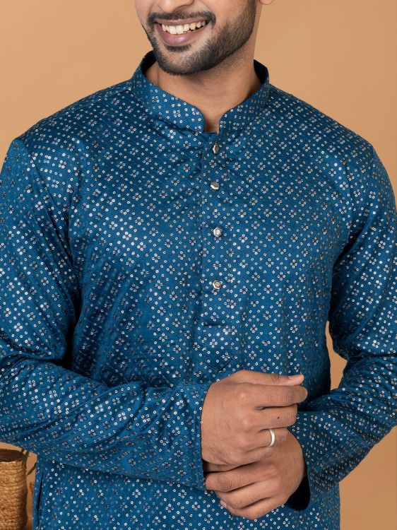 Picture of Fine Semi Gaji Silk Blue Kurta Pajama