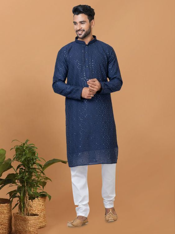 Picture of Excellent Viscose Cotton Blue Kurta Pajama