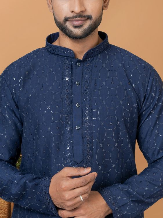 Picture of Excellent Viscose Cotton Blue Kurta Pajama